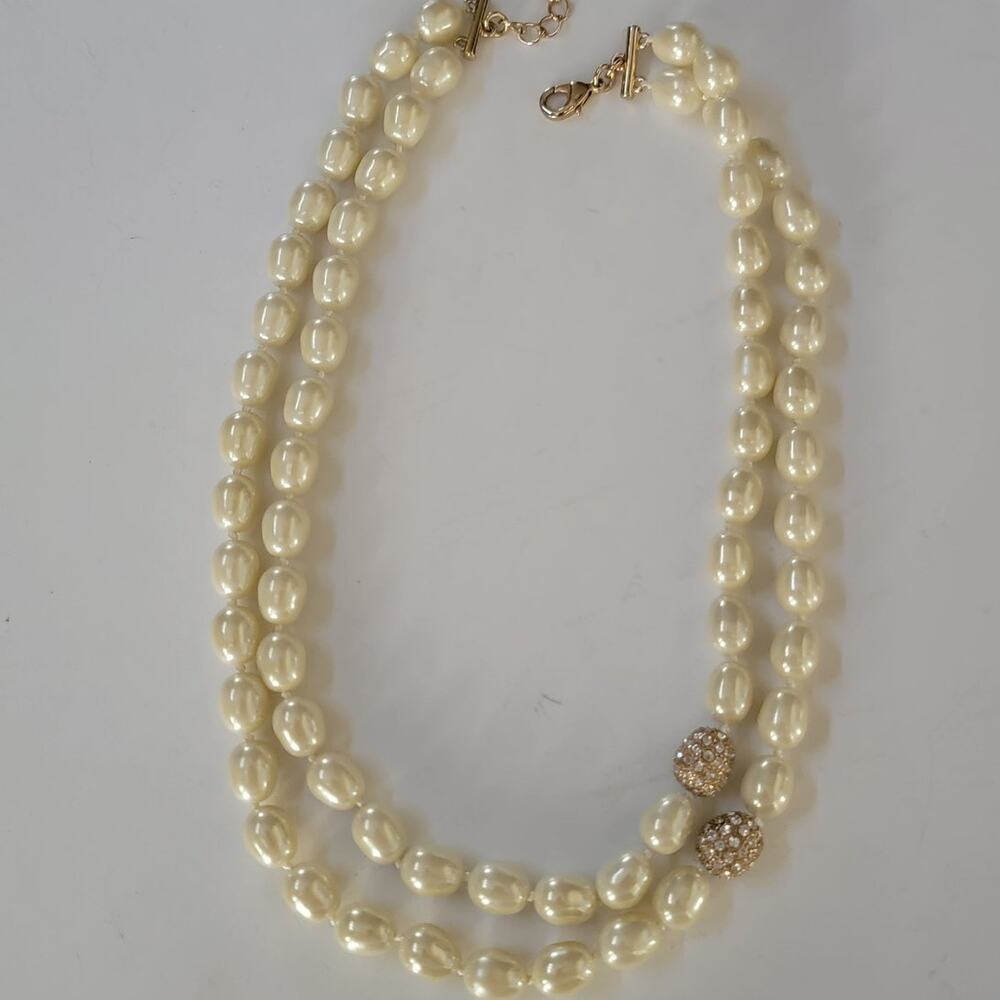 Vintage Pearl Necklace Double Strand with Rhinestone Clasp Cream White 16 Inch